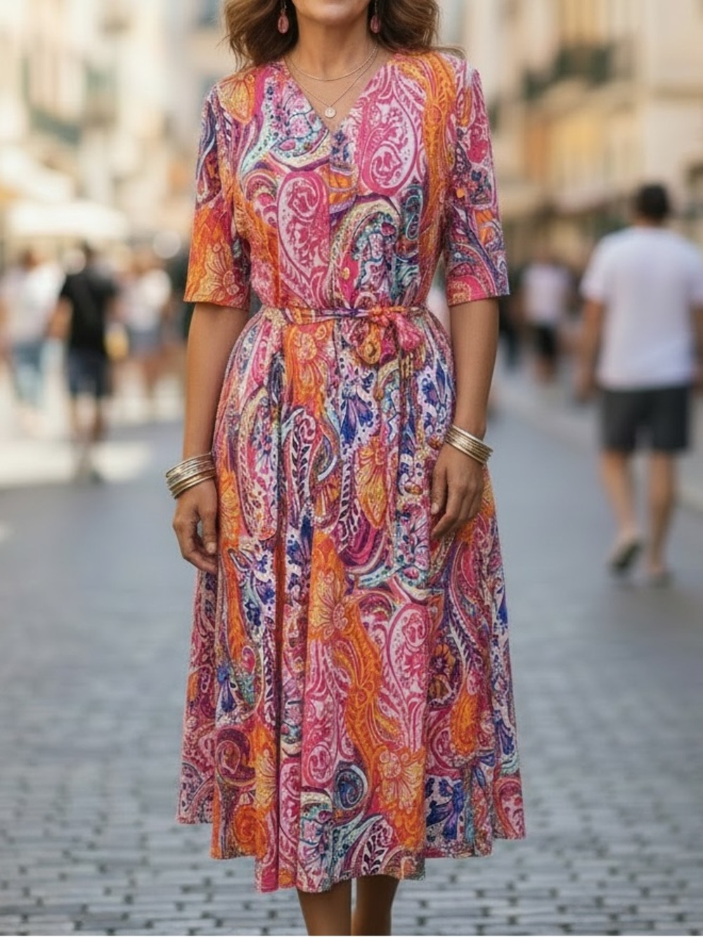 NWT CHAUS New York Pink Orange Paisley Midi Dress with Self-Tie Waist | Size XL